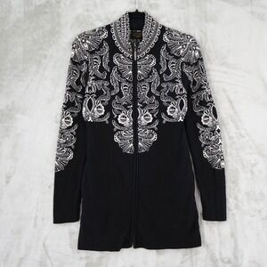 Icelandic Design Wool Full Zip Floral Nordic Sweater Womens S Black Classic Boho